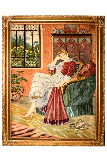 Picture a girl sitting on a sofa by the window