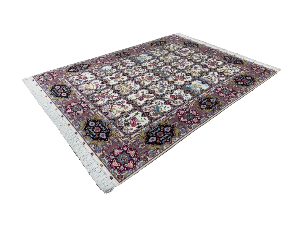 قالیچه طرح گلستانی میرزایی کرم-پیازی چله ابریشم