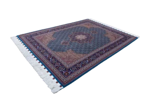 قالیچه طرح ماهی تبریز آبی-سرمه ای چله ابریشم