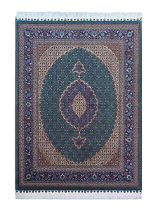 قالیچه ماهی آبی حاشیه سرمه ای چله ابریشم