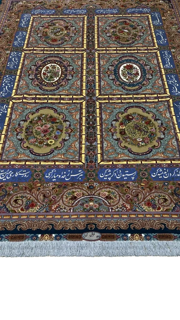 نمای کامل فرش ۶ متری دستبافت ابریشم طرح گلستانی شش قاب
