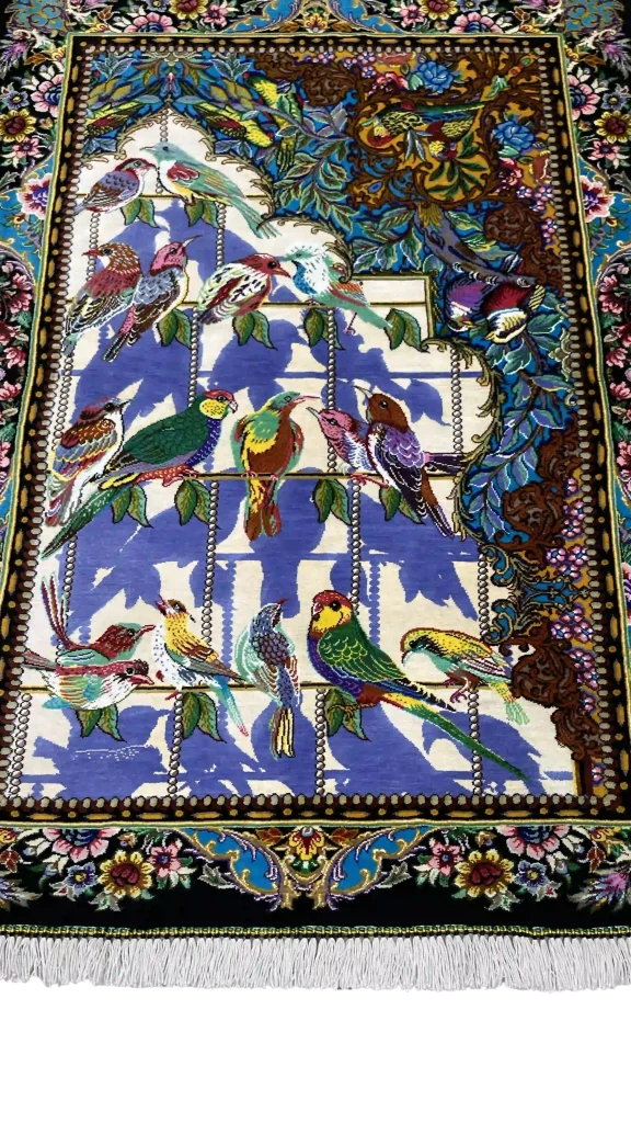 نمای کامل فرش ۶۰×۹۰ دستبافت تمام ابریشم پرندگان
