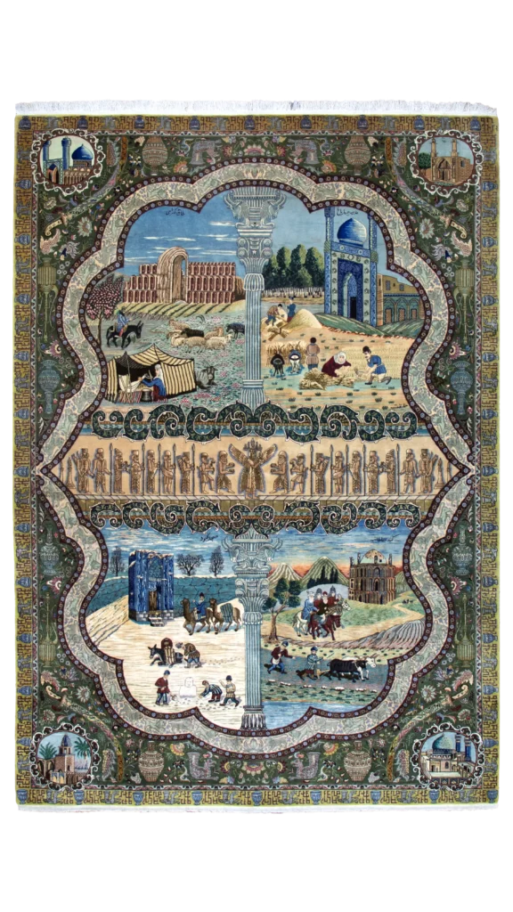 فرش ۶ متری ابریشم اعلا قدیمی نقشه چهار فصل و آثار تبریز کد ۶۰۹۲۰ عظیم زاده