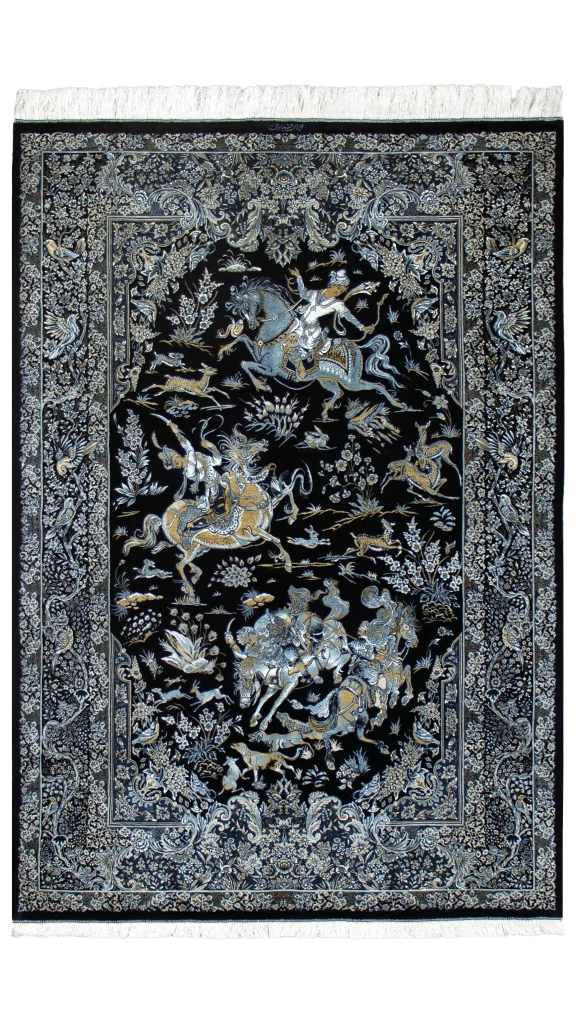قالیچه شکارگاه قم مشکی نقره ای