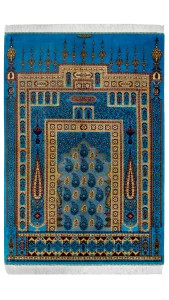 فرش کاشی زاده محرابی قلمکاری فیروزه ای