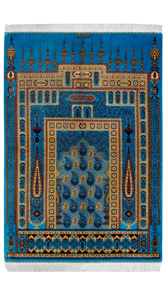 فرش کاشی زاده محرابی قلمکاری فیروزه ای