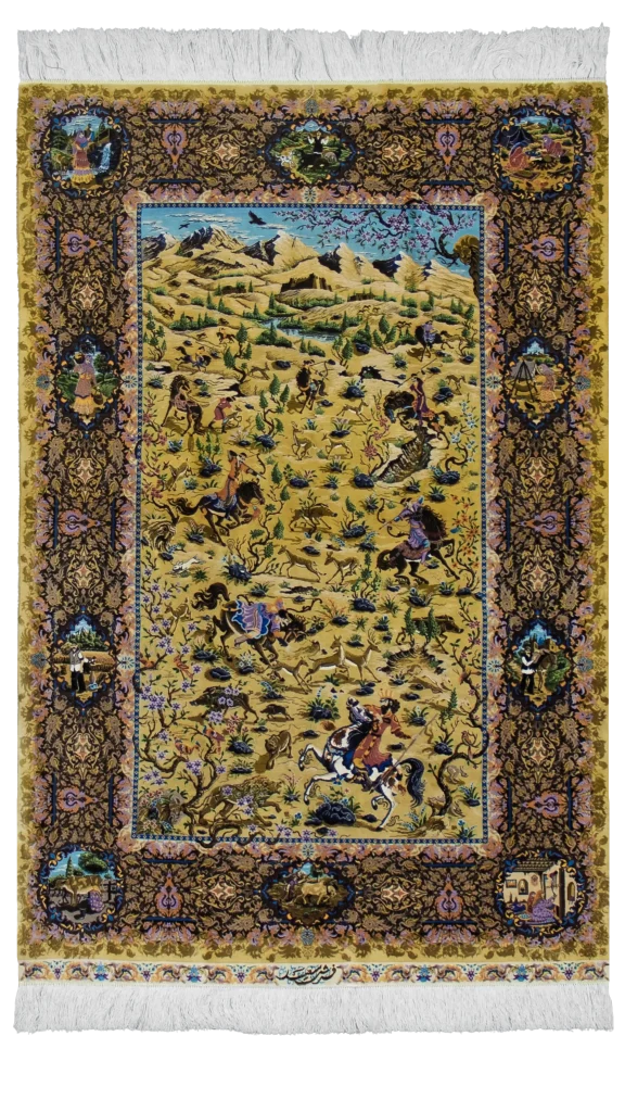 فرش منظره روستایی طلایی
